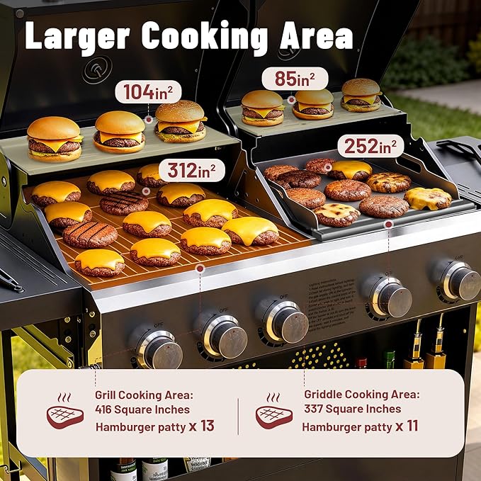 Propane Gas Grill and Griddle Combo for Outdoor Cooking, 5 Burners, Porcelain-Enameled Cast Iron Grate & Cast Iron Fry Pan, Foldable Side Shelves, Dual BBQ Grill for Patio, Backyard, Camping