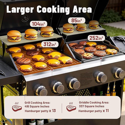 Propane Gas Grill and Griddle Combo for Outdoor Cooking, 5 Burners, Porcelain-Enameled Cast Iron Grate & Cast Iron Fry Pan, Foldable Side Shelves, Dual BBQ Grill for Patio, Backyard, Camping