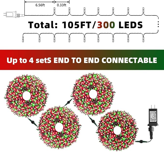 Christmas String Lights, 105ft 300 LED Christmas Lights 8 Modes | Memory Function & Timer- UL Certified - Outdoor Indoor Christma s Fairy Lights for Tree, Garden, Party, Wedding(Red + Green)