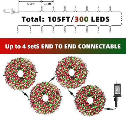 Christmas String Lights, 105ft 300 LED Christmas Lights 8 Modes | Memory Function & Timer- UL Certified - Outdoor Indoor Christma s Fairy Lights for Tree, Garden, Party, Wedding(Red + Green)