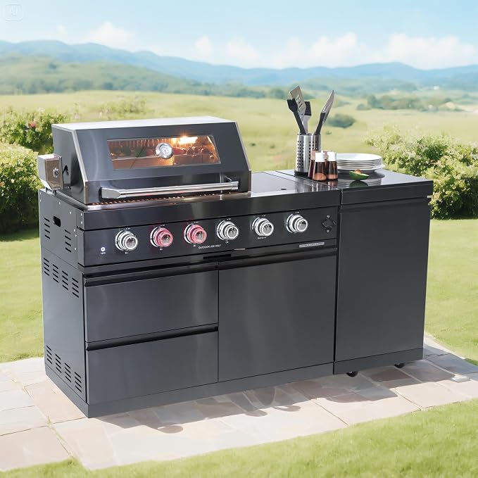 65-Inch Outdoor Kitchen Bar Island Grill with 4-Burner Gas, 72,000 BTU Stainless Steel Gas Outdoor Grill Island Round Side Burner, Rotisserie Kit, Granite Countertops, For Backyard BBQ, Black