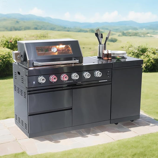 65-Inch Outdoor Kitchen Bar Island Grill with 4-Burner Gas, 72,000 BTU Stainless Steel Gas Outdoor Grill Island Round Side Burner, Rotisserie Kit, Granite Countertops, For Backyard BBQ, Black