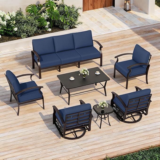 ALAULM Aluminum Patio Furniture Set with Coffee Table Rectangular, 7-seat Outdoor Sectional Furniture w/Swivel Chairs, Patio Conversation Set for Porch, Backyard, Poolside-Dark Blue