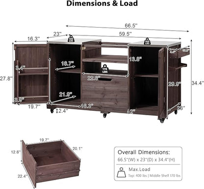 Outdoor Grill Cart Table for Large Big Green Egg Accessories 66.5’’ Solid Wood Kitchen Storage Island Prep Station with Stainless Steel Top for BBQ, Dark Brown