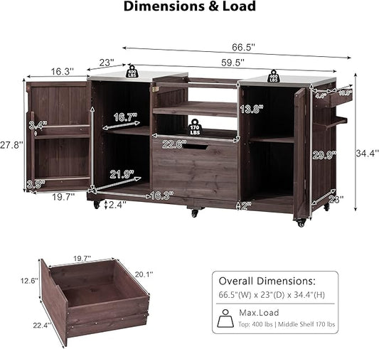 Outdoor Grill Cart Table for Large Big Green Egg Accessories 66.5’’ Solid Wood Kitchen Storage Island Prep Station with Stainless Steel Top for BBQ, Dark Brown
