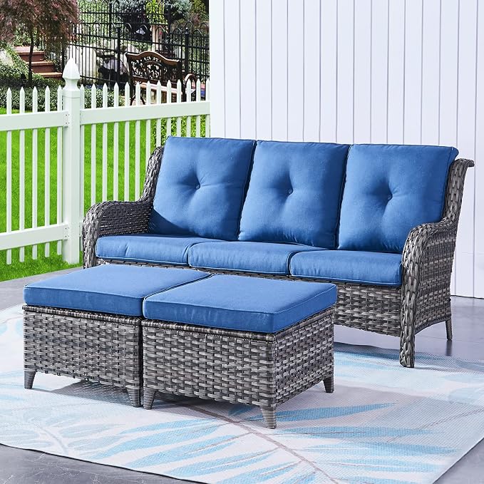 Rilyson Wicker Outdoor Patio Sofa with Ottoman, Large 3 Seater Wicker Patio Couch with 4in Replaceable Seat Cushions and Deep Seating, All Weather for Backyard, Garden, Poolside (Mixed Grey/Blue)