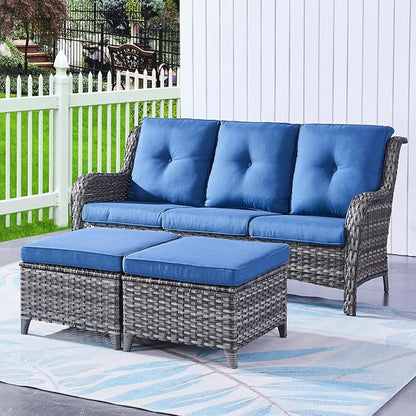 Rilyson Wicker Outdoor Patio Sofa with Ottoman, Large 3 Seater Wicker Patio Couch with 4in Replaceable Seat Cushions and Deep Seating, All Weather for Backyard, Garden, Poolside (Mixed Grey/Blue)