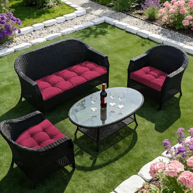 Wicker Chair Cushions of 3 Pieces, Waterproof Cushions for Patio Furniture, Tufted Wicker Outdoor Furniture Cushions, 1 Patio Loveseat Cushion and 2 U-Shaped Cushions, 44"x19"x5", Burgundy