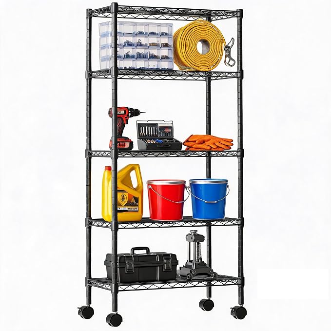 DUMOS 5-Tier Metal Storage Shelves, Wire Shelving, 23.2" W | Lockable Wheels, Adjustable Standing, Heavy Duty Steel Unit, Kitchen Bathroom Pantry Garage Organizers, 59.1"H