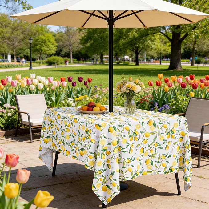 SquarePie Outdoor Tablecloth with Umbrella Hole Rectangle - 60x84 Inch Water Resistant SpillProof Zippered Patio Table Cover for Spring Summer Garden Camping Poolside Picnic, Summer Lemon