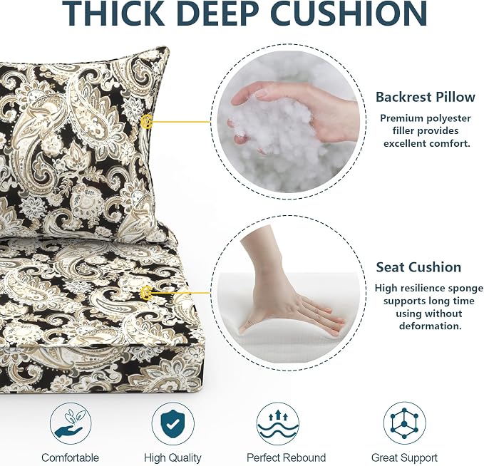 DYTXIII Outdoor Deep Seat Cushion Set, Water Repellent 24"x24" Patio Thick Cushions Replacement with Seat & Back Pillow for Patio Sofa, Wicker Chair, Couch - Paisley Black