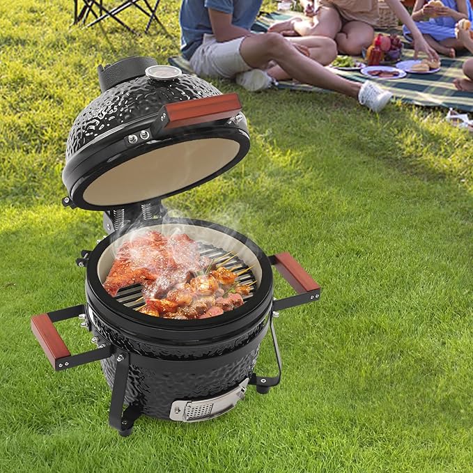 13" Ceramic Charcoal BBQ Grill, High-Temperature Insulated Dome, 12.6" Cooking Tray Outdoor Barbecue Cooker, Portable Freestanding for Restaurant, Camping, Family Gatherings