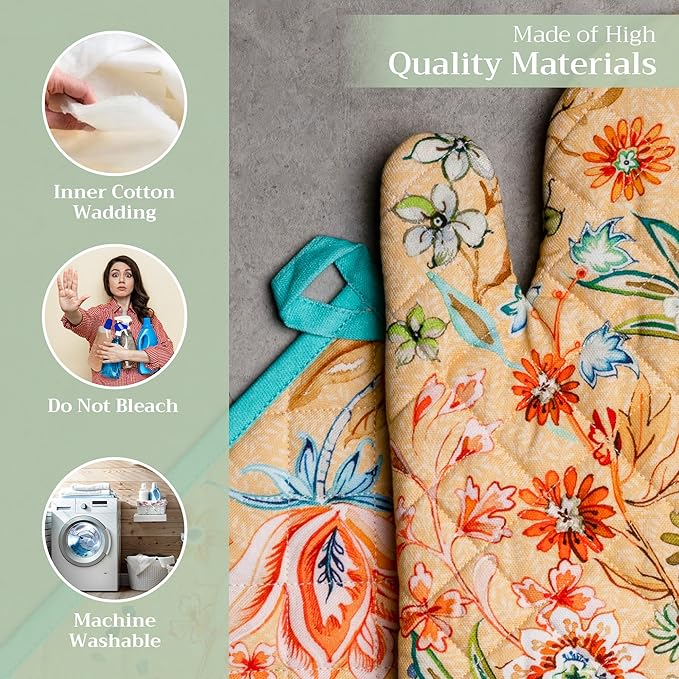 Maison d' Hermine 100% Cotton Oven Mitt & Pot Holder Set (7.5"x13" & 8"x8") Heat Resistant BBQ Cooking Gloves with Loop Baking Grilling Kitchen Hotel Home Farmhouse Spring Summer (Luxury Loft - Peach)
