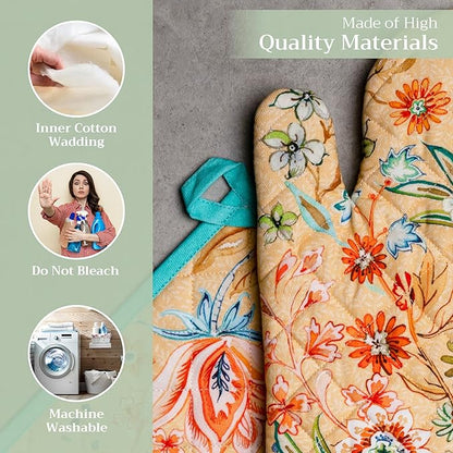 Maison d' Hermine 100% Cotton Oven Mitt & Pot Holder Set (7.5"x13" & 8"x8") Heat Resistant BBQ Cooking Gloves with Loop Baking Grilling Kitchen Hotel Home Farmhouse Spring Summer (Luxury Loft - Peach)