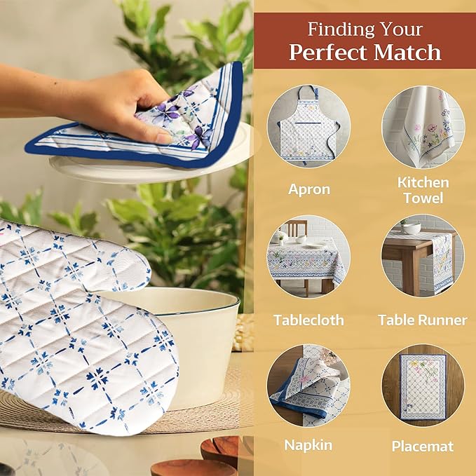 Maison d' Hermine Pot Holders 100% Cotton Heat Resistant Potholders 8" x 8" Hot Pads with Loop BBQ Cooking Baking Hotel Farmhouse Kitchen Handling Hot Pans Spring Summer (Pack of 1, Faience)
