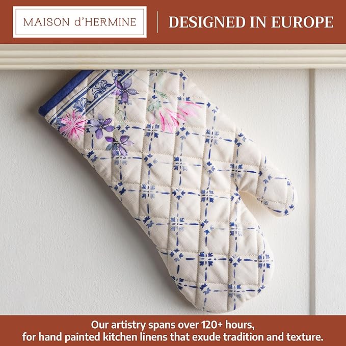 Maison d'Hermine Oven Gloves 100% Cotton Oven Mitt 7" x 13" with Loop Heat Resistant BBQ Cooking Gloves Baking Grilling Kitchen Hotel Home Farmhouse Spring Summer (Pack of 1, Faience)