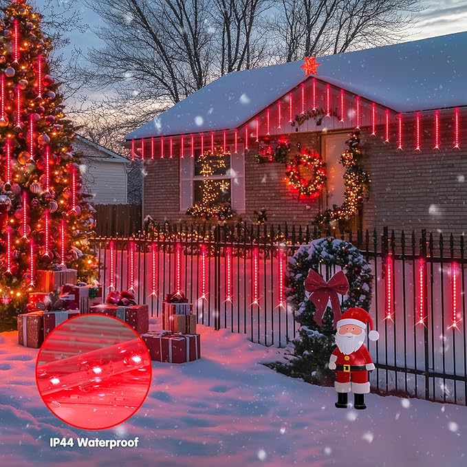 JMEXSUSS Red Solar Christmas Lights Outdoor, 8 Tube 144 LEDs Solar Meteor Shower Rain Lights, Red Twinkle Light for Tree Eaves Fence Christmas Decorations