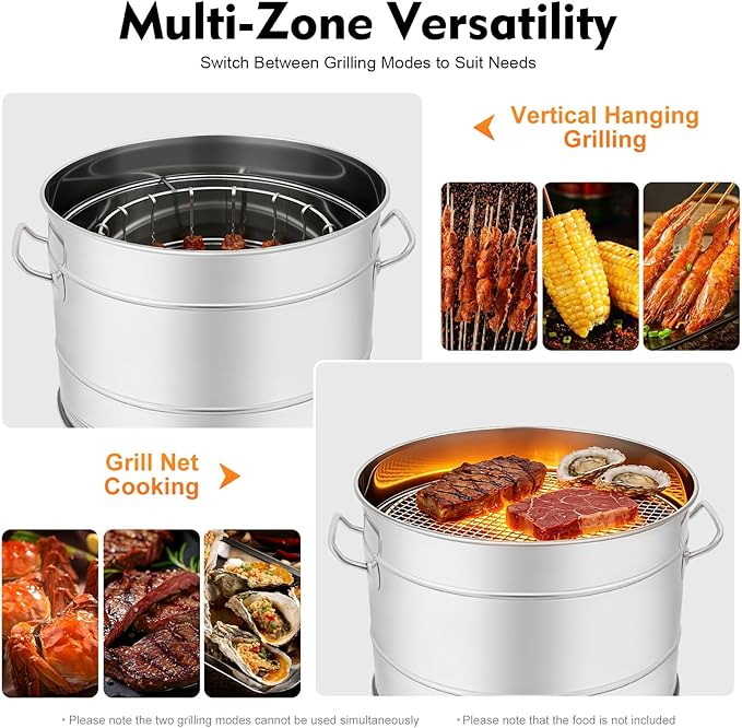 Barrel Charcoal Grills, Large Portable Stainless Charcoal Barbecue Grills 360°Outdoor Smokeless BBQ Grill with 50 Skewers for Camping Picnics Backyard Cooking