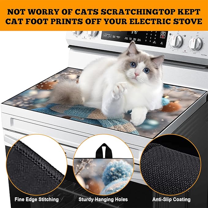 Christmas Multi-Design Stove Cover for Glass/Electric Stoves - 3-in-1 Heat-Resistant Protector Mat, Non-Slip Drying Rack 28"x20"