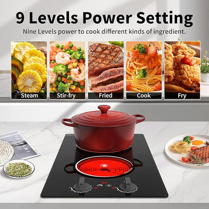 GIHETKUT Electric Cooktop,110V 2100W Stove top,Countertop and Built-in 2 burner cooktop,9-speed power, child safety lock, timer, knob and touch control 2 burner Electric cooktop