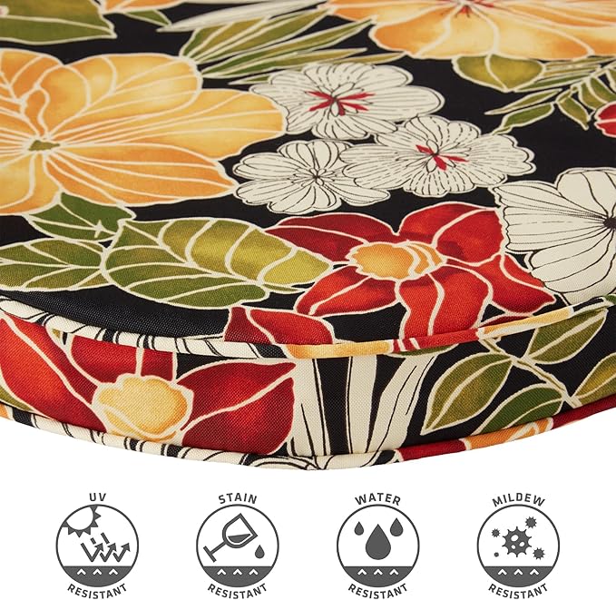 Set of 2 Outdoor 18 inch Round Patio Dining Chair Pads – Comfortable Fiber-Filled Seat Cushions with Ties, Reversible Polyester Fabric - Aloha Black Floral