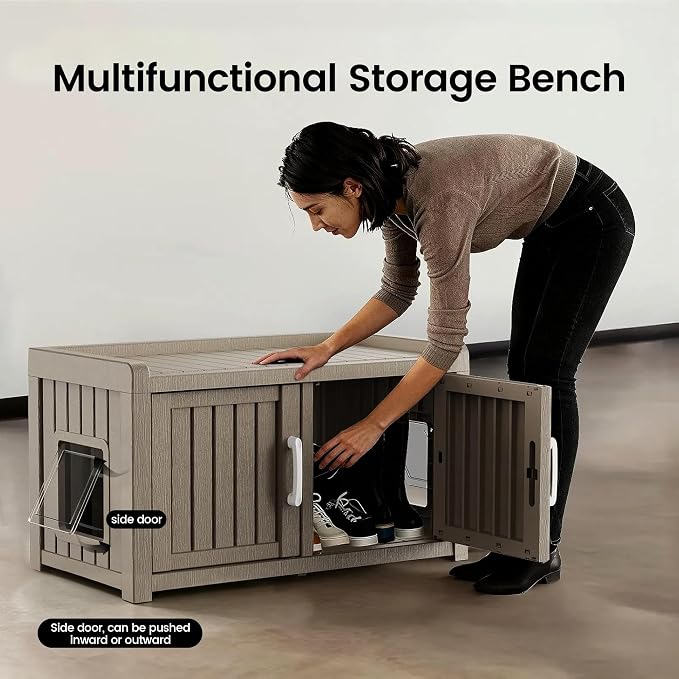 2 Doors Shoe Storage Bench with Cat Cabinet for Entryway, Hallway, Grey | 2 Hidden Side Doors Entryway Bench with Seat, Waterproof Resin Shoe Rack for Entryway, Bedroom, Living Room, Indoor/Outdoor