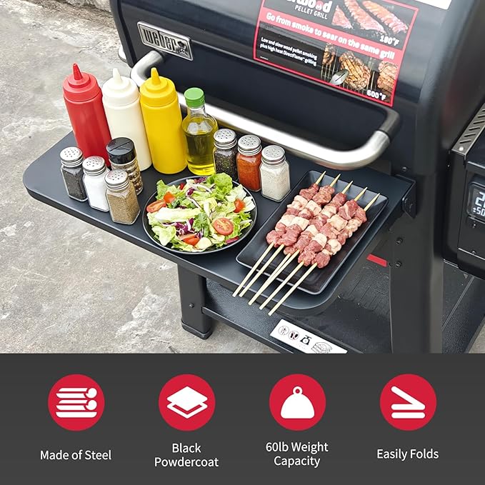 Utheer Folding Front Shelf for Weber Searwood 600 Pellet Grill, 23" x 12.5" Heavy-Duty Steel BBQ Prep Table, 60 LB Load, Space-Saving Front Grill Shelf, Weber Searwood 600 Accessories