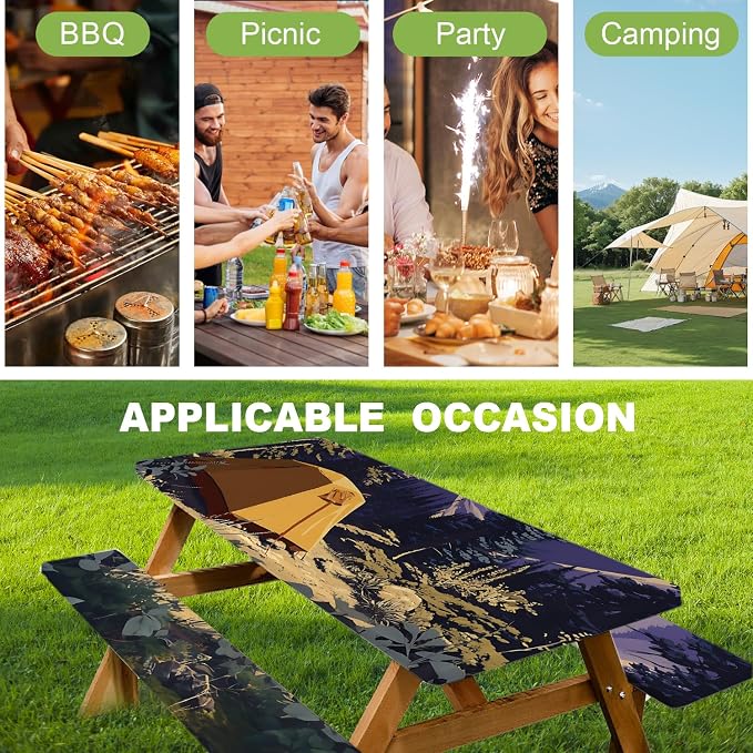 ANNA QUEEN Camping Adventure 6FT Picnic Table Cover with Bench Covers Set of 3 with Drawstring Bag, Forest Tent Scene 72"x30" Waterproof Picnic Tablecloth & Bench Covers for Outdoor Dining