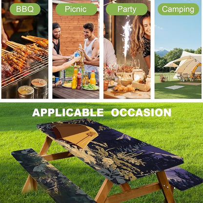 ANNA QUEEN Camping Adventure 6FT Picnic Table Cover with Bench Covers Set of 3 with Drawstring Bag, Forest Tent Scene 72"x30" Waterproof Picnic Tablecloth & Bench Covers for Outdoor Dining