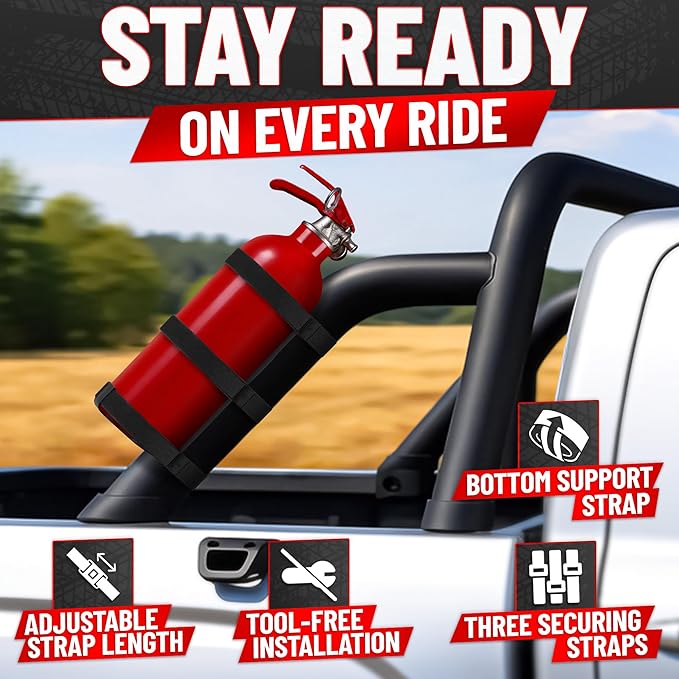 Fire Extinguisher Mount for Vehicle - Adjustable Nylon Strap Fix, No-Drill, Roll Bar Mount, Quick Release | Fits 3 lb Extinguishers - Fire Extinguisher Holder for Car, Boat, UTV, & Off-Road Vehicles