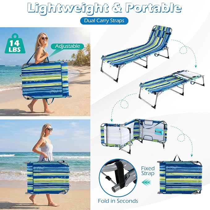 GYMAX Tanning Chair, 3 in 1 Sun Bathing Lounge Chairs with Face/Arm Holes & Side Pocket, Portable Lightweight Face Down Layout Tanning Chair for Outside, Beach, Backyard, Poolside (1, Blue Stripe)
