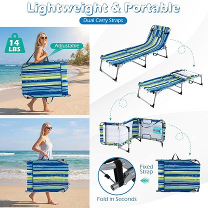 GYMAX Tanning Chair, 3 in 1 Sun Bathing Lounge Chairs with Face/Arm Holes & Side Pocket, Portable Lightweight Face Down Layout Tanning Chair for Outside, Beach, Backyard, Poolside (1, Blue Stripe)