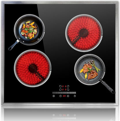 24 Inch Electric Cooktop 4 Burner Electric Stove, 24" Built-in Ceramic Stovetop with Slide Control, Timer, Child Lock, 9 Heating Level, 6000W, 220-240v, No Plug, Hard Wire