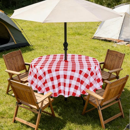Poise3EHome Round Outdoor Tablecloth with Umbrella Hole and Zipper,Red and White Gingham 70 Inch,SpillProof Washable Table Cloth for Spring Summer Patio Garden Poolside Picnic Camping BBQS