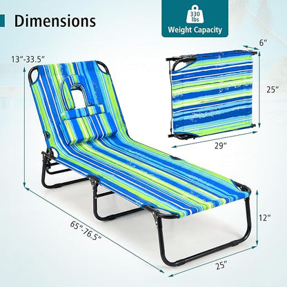 GYMAX Tanning Chair, Folding Lounge Chairs with Face Hole & Cover, Removable Pillow Carry Handle, Portable Compact Outdoor Layout Recliner for Beach, Poolside, Lawn, Patio, Camping (Blue Stripe,2)