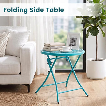 TeoKJ Folding Outdoor Side Table, No Assembly Patio Table with Cutouts | Metal Round Anti Rust Patio Desk, Small Nightstand with Flower Cutouts, for Yard, Balcony, Lawn, Pool, Lightweight, Blue