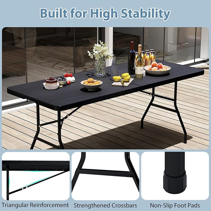 Giantex Folding Picnic Table, 6FT Portable Foldable Tables for Party BBQ, Metal Legs, HDPE, Outdoor Indoor Camping Table with Handle, No Assembly (Black)