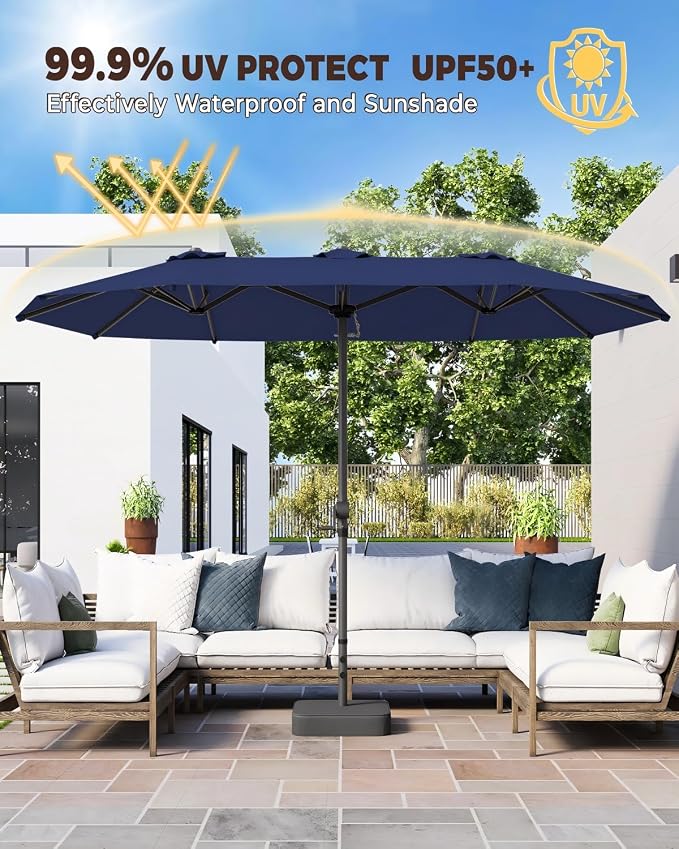 GDPFN 15ft Patio Umbrella with Base Include, Large Outdoor Double-Sided Rectangle Umbrella with Easy Crank Handle for Poolside, Garden & Deck - Navy Blue