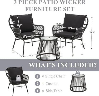 Bezseller 3-Piece Outdoor Patio Furniture Set - 20" Wide Seating w/ 2" Thick Cushions, 14.2" Seat Height - Modern Boho Furniture for Gardens, Balcony & Apartments