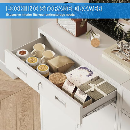 CJF Pantry Cabinet with 1 Drawer, Metal Pantry Storage Cabinets with Doors and 2 Adjustable Shelves, 36" H Locking Cabinet for Kitchen Storage, Home, Garage, Utility Room and Basement, White
