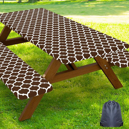 Smiry Picnic Table Cover with Bench Covers, Waterproof Elastic Fitted Tablecloth for 8 Foot Tables, Washable Polyester Tablecloths for Camping, Indoor & Outdoor (Coffee, 30x96 Inch 3-pc Set)