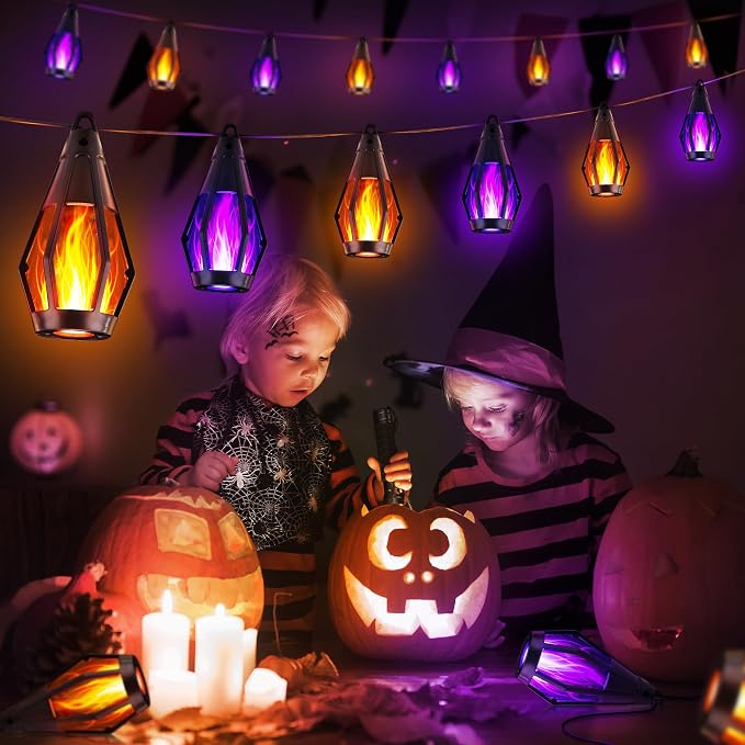 iBaycon 27FT 10 LED Solar Flame Halloween String Lights, Warm White+Purple | Ultra-Real Flickering Flame Lamp Outdoor Waterproof, Solar Patio String Lights for Garden Yard Lawn Halloween Decorations