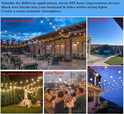 164FT Outdoor String Light Hanging Kit - Heavy Duty Black Vinyl-Coated Stainless Steel Wire Rope with Turnbuckles, Hooks & Eye Straps for Patio, Garden, Backyard, Party Decor