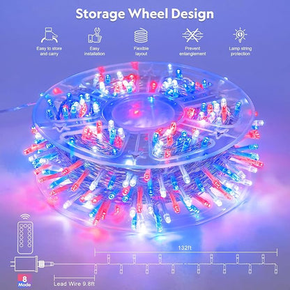 JMEXSUSS 400 LED Red White and Blue String Lights Outdoor, Plug in | 132FT 4th of July Lights Indoor, 8 Modes Patriotic String Light for Memorial Day Independence Day Decoration, with Remote