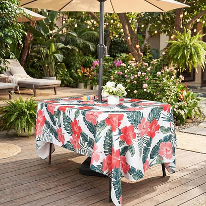 SquarePie Rectangle Outdoor Tablecloth with Umbrella Hole and Zipper 60x84 inch,Water Resistant SpillProof Patio Table Cloth for Spring Summer Camping Garden Poolside Picnic,Palm Leaf Red Flower