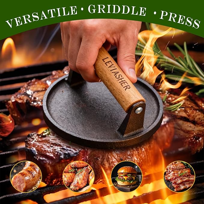 2.3lb Steak Weight & Burger Press, Grid Base, 7" Heavy Duty Cast Iron Grill Press with Wood Handle for Blackstone, Chef, Camp, Panini, Vegetable, Bacon, Sandwich, BBQ