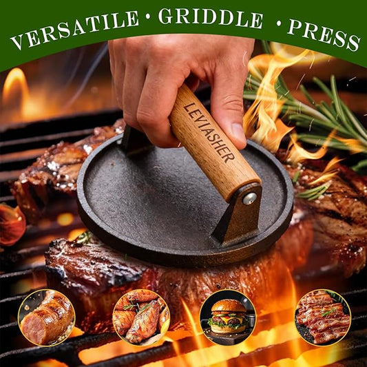 2.3lb Steak Weight & Burger Press, Grid Base, 7" Heavy Duty Cast Iron Grill Press with Wood Handle for Blackstone, Chef, Camp, Panini, Vegetable, Bacon, Sandwich, BBQ