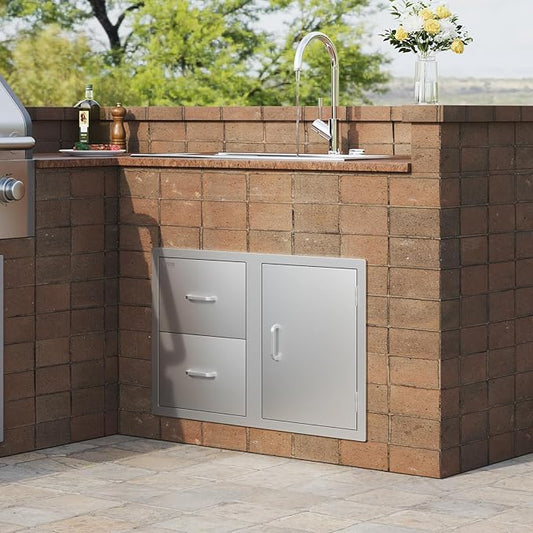 VEVOR Outdoor Kitchen Door Drawer Combo, 32.5"Wx21.7"Hx20.5"D, Access Door Double Drawers with Paper Towel Rack, BBQ Island Drawers with Stainless Steel Handles, 30.7"Wx20"Hx21"D Cutout Size