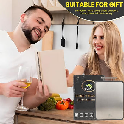 TYSAN Titanium Cutting Board for Kitchen – 2 in 1 Metal Cutting Board for Chopping Meat/Vegetables – Double Sided Pure Titanium & Wheat Straw PP Chopping Board – Food Grade – Large Size 16”×11”
