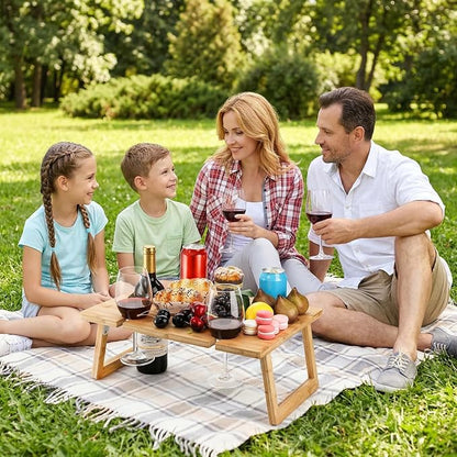 Peohud Portable Wine Picnic Table, Foldable Champagne Picnic Snack Table Tray, Wooden Outdoor Picnic Table with Glass Holder for Park, Beach, Camping, Bed, Wine Lover Gift
